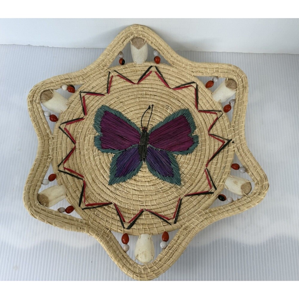 Vintage Hand Woven Butterfly Basket Shallow Decorative Wicker Boho Wall Decor